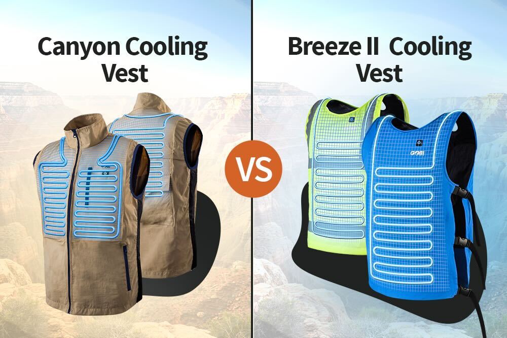 Split screen with Canyon on the left and Breeze II on the right; checklists showing who each vest is best for.