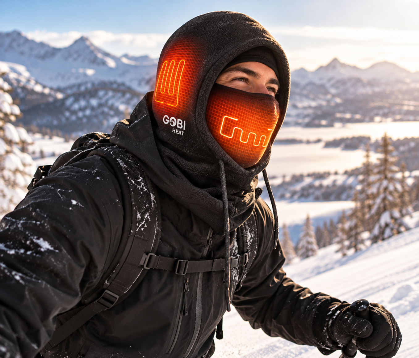 Person wearing the Squall Heated Balaclava while trekking in a snowy mountain landscape.