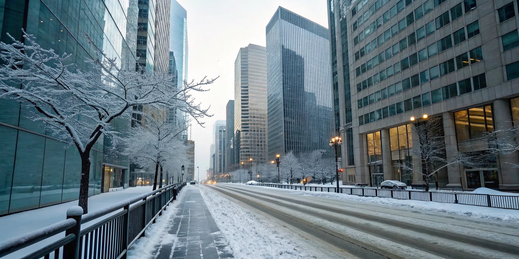 A cold, snowy city street, showing the need for the best heated underwear for men.