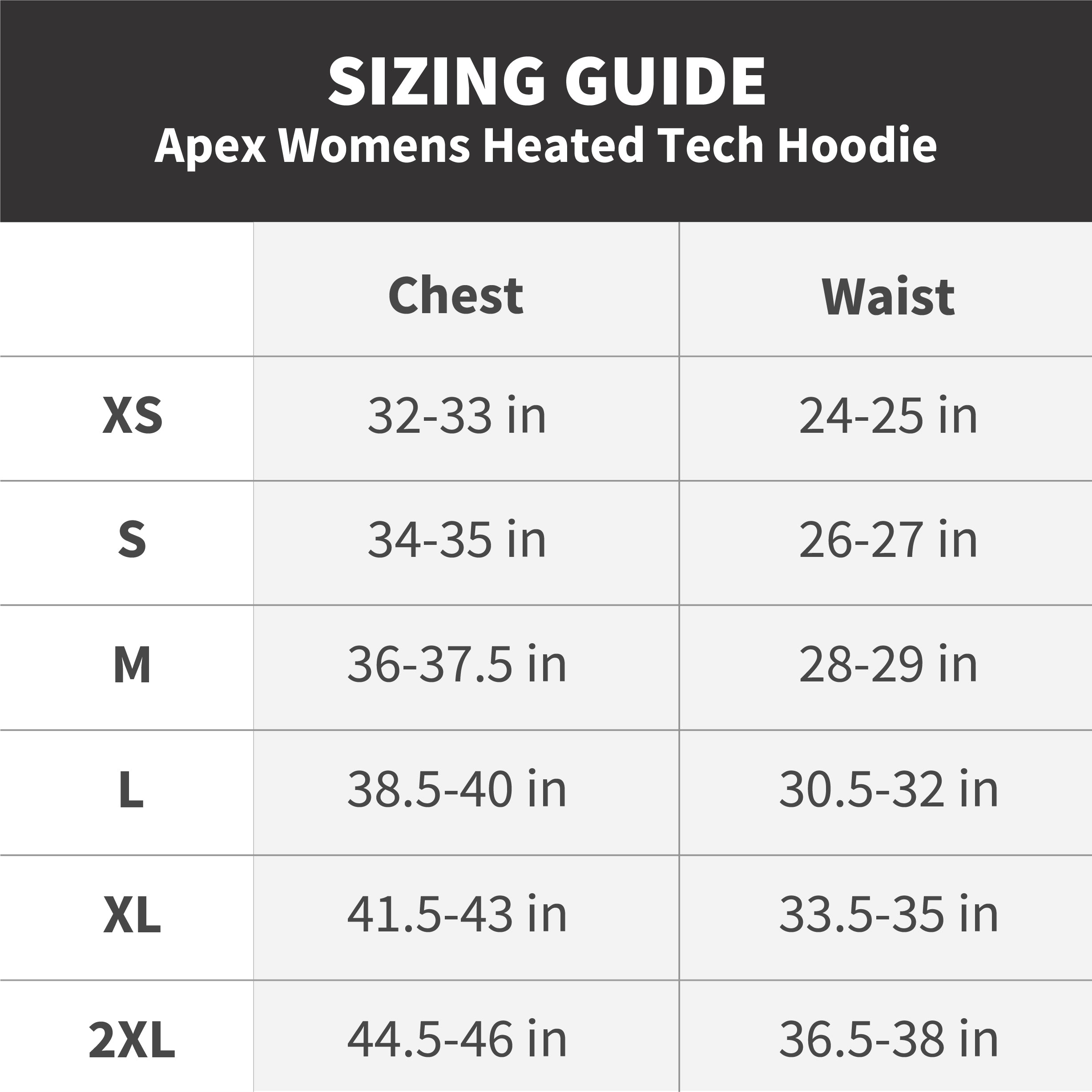 Women's Apex Heated Hoodie sizing guide