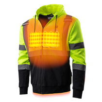 High-visibility lime Men’s Beam Workwear Heated High-Vis Hoodie with heating zones highlighted across chest and core