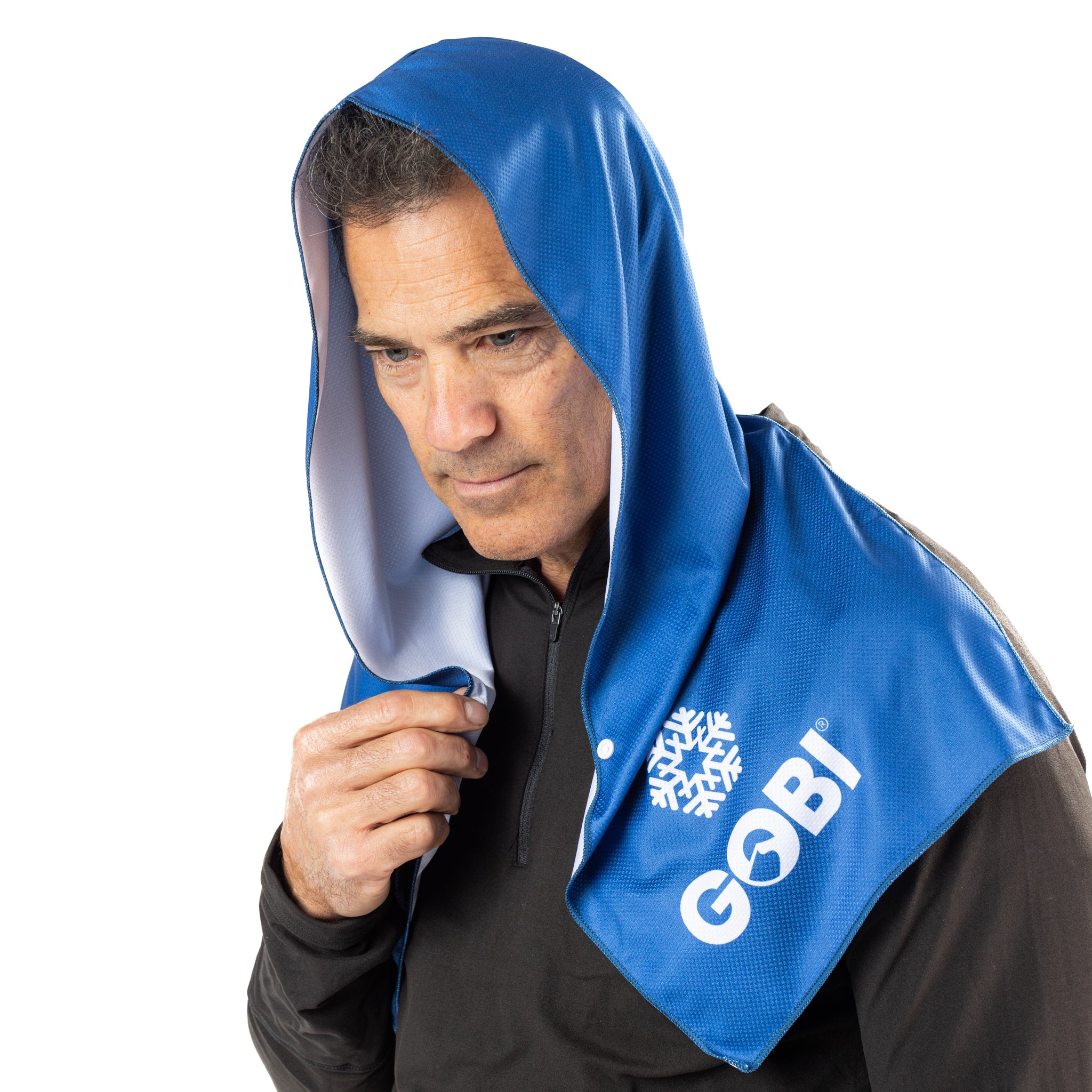 Man wearing the chillwave hooded towel, front view.