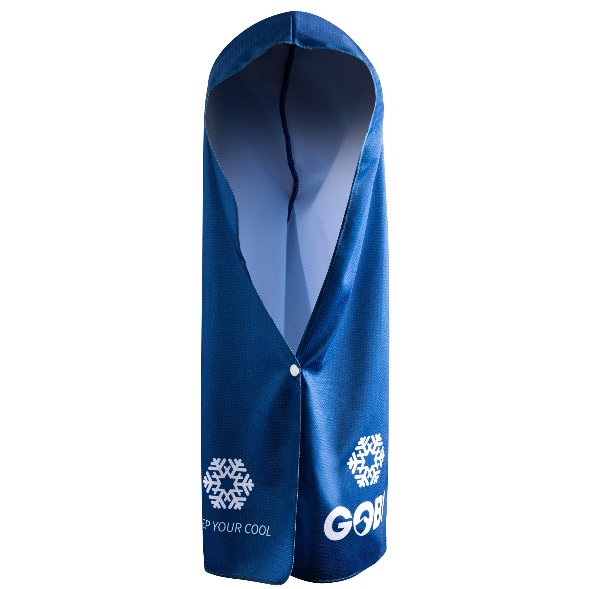 Blue hooded towel with white snowflake design and 'GOBI' branding on a white background