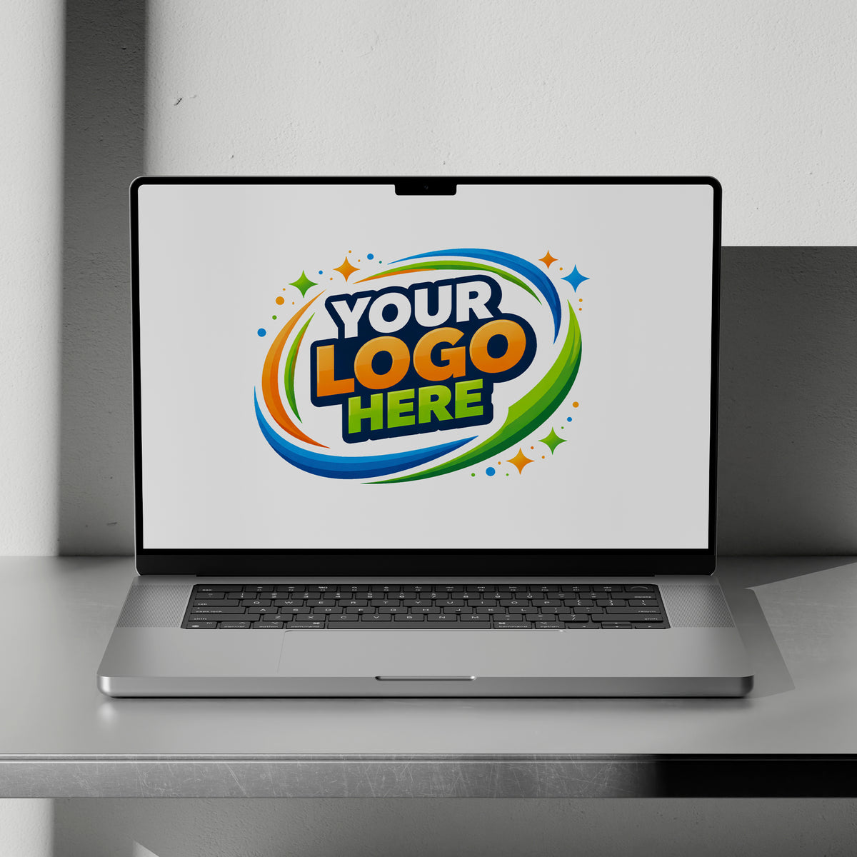 Laptop on a desk with a customizable logo displayed on the screen