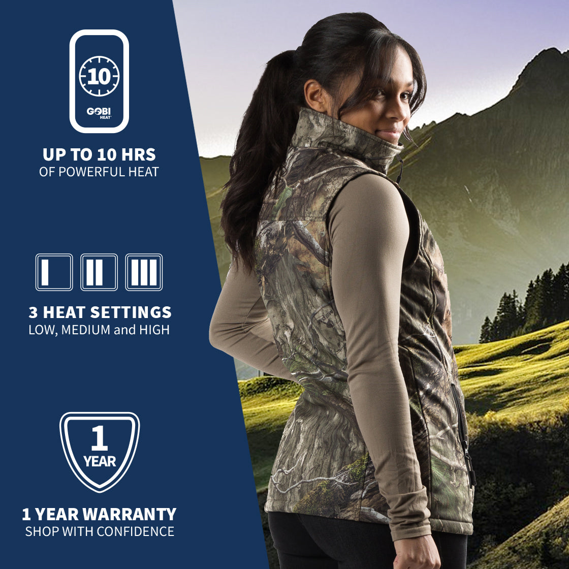 Woman wearing the Colorado women's heated hunting vest in front of a landscape background, with the left side of the image showcasing information about the product.