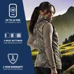 Woman wearing the Colorado women's heated hunting vest in front of a landscape background, with the left side of the image showcasing information about the product.