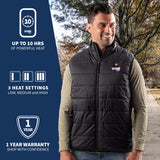 Man wearing the element men's heated vest, placed in front of a landscape background, with the left hand side of the image giving information about the product.