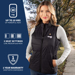 Woman wearing the element women's heated vest, placed in front of a landscape background, with the left hand side of the image giving information about the product.