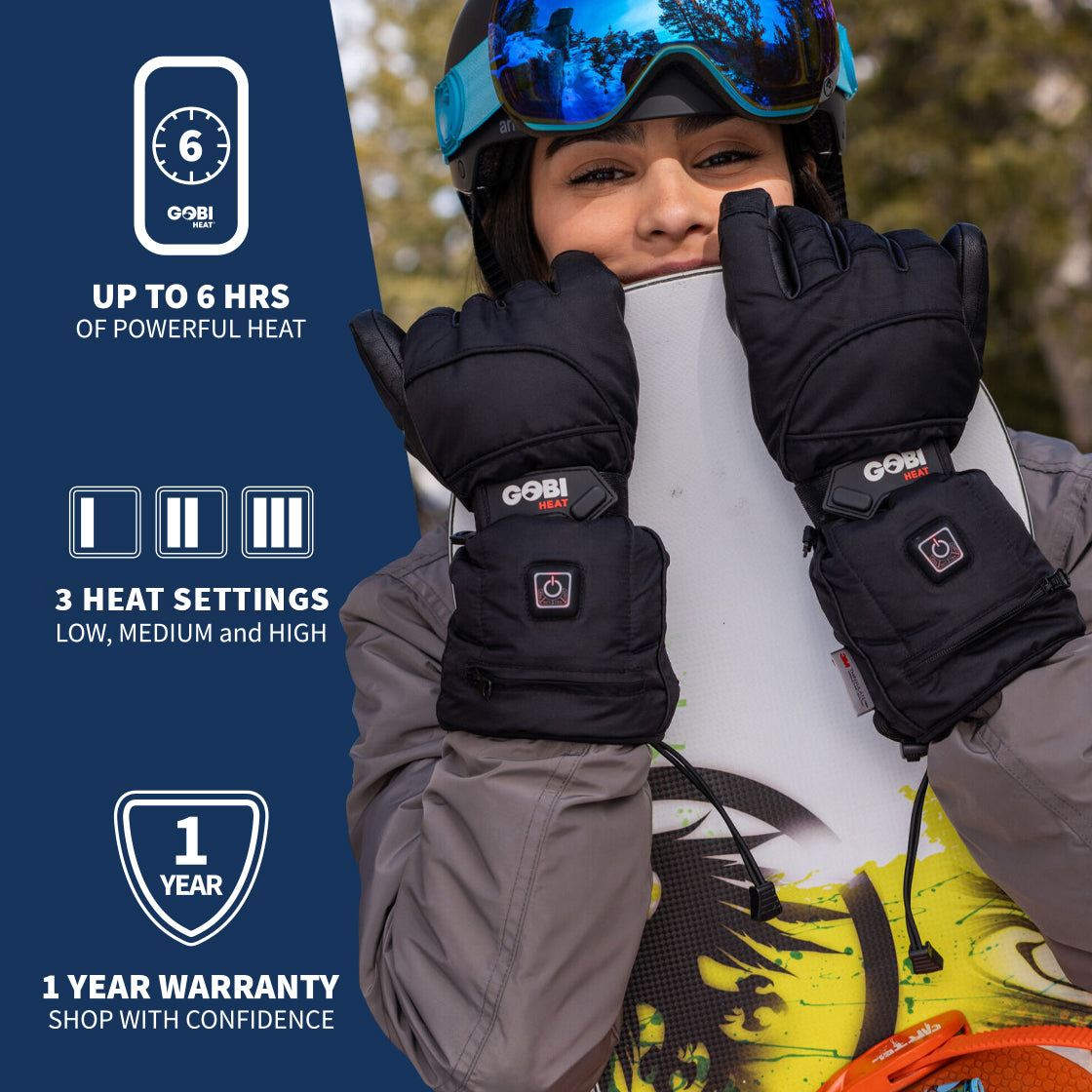 Woman wearing the Epic II Heated Ski Gloves, with the left side of the image providing information about the product.