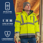 Man wearing the Flash Heated Hi Vis Jacket on a construction site, with information about the product on the left side of the image.
