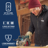 Grit men’s heated workwear jacket worn outdoors in cold weather job site environment, with info about the product on the left side of the image.