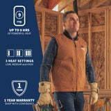 A man wearing GOBI Ibex men's heated vest while on a construction site, with information about the product on the left hand side of the image.