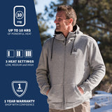 A man wearing GOBI's men's ridge heated hoodie. He is placed in front of a landscape, with information about the product on the left side of the image.