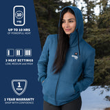 Woman wearing GOBI's women's ridge hoodie. She is placed in front of a landscape, with image about the product on the left side of the image.