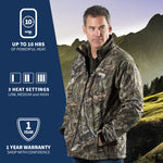 A man wearing GOBI's Men's Sahara Camo heated jacket. He is standing in front of a landscape, with information about the product on the left side of the image.