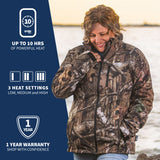 A woman wearing GOBI's women's sahara heated jacket. She is standing in front of a landscape, with information about the product on the left side of the image.