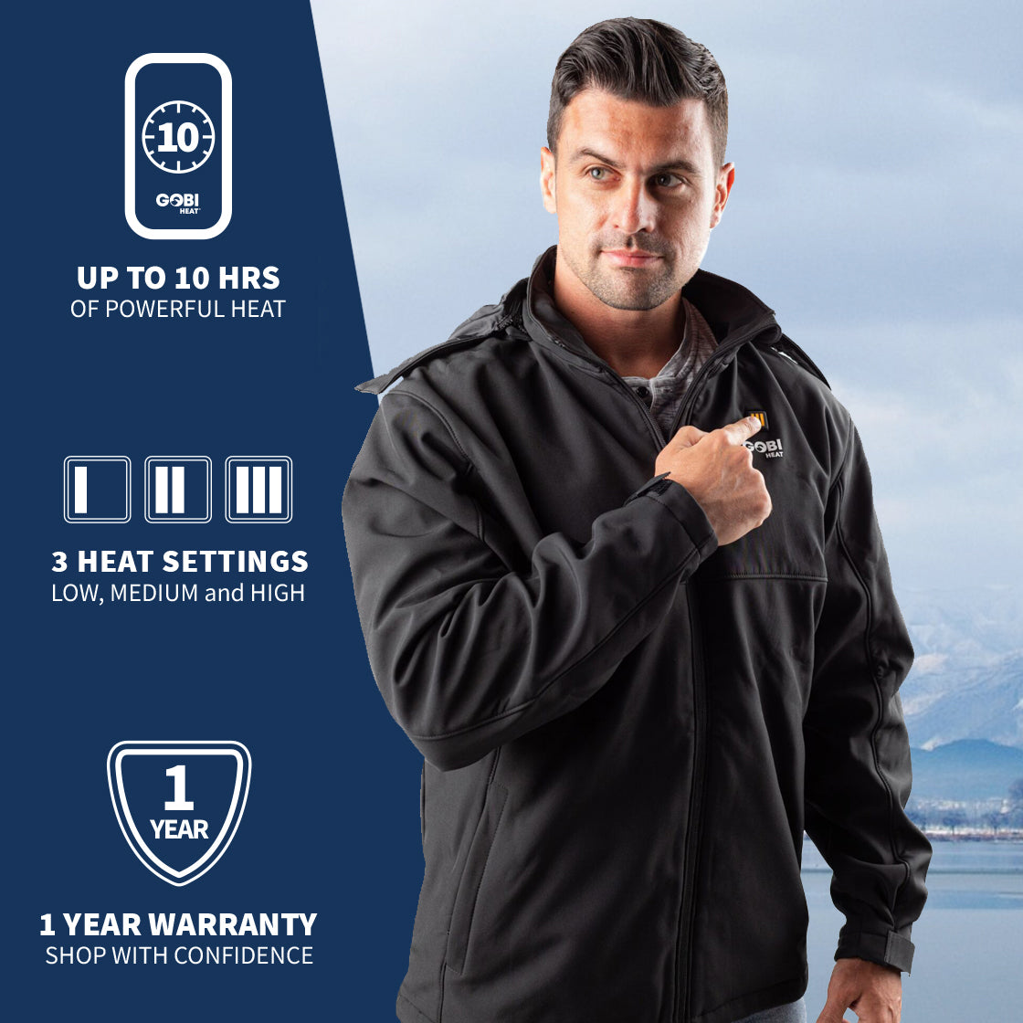 A man wearing GOBI's men's Sahara II heated jacket. He is standing in front of a landscape, with information about the product on the left side of the image.