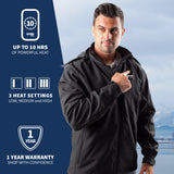A man wearing GOBI's men's Sahara II heated jacket. He is standing in front of a landscape, with information about the product on the left side of the image.