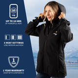 A woman wearing GOBI's women's Sahara II heated jacket. She is in front of a landscape, with information about the product on the left side of the image.