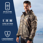 A man wearing GOBI's men's shadow heated hunting hoodie. He is standing in front of a landscape, with text about the product on the left side of the image.