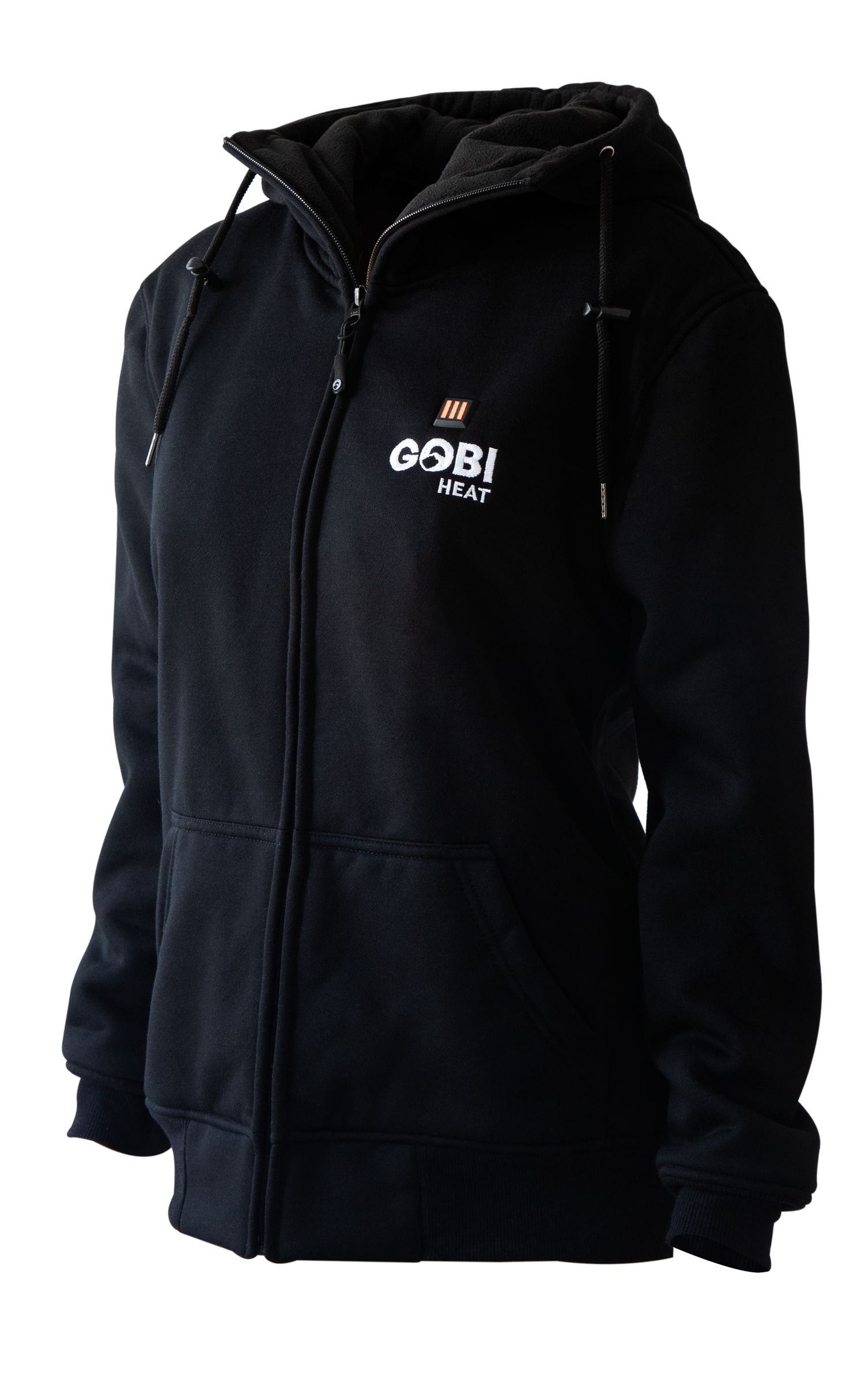 Ridge Women's Heated Hoodie in Onyx, front view on transparent background