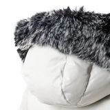 White puffer Kaya with a black and gray fur hood on a white background