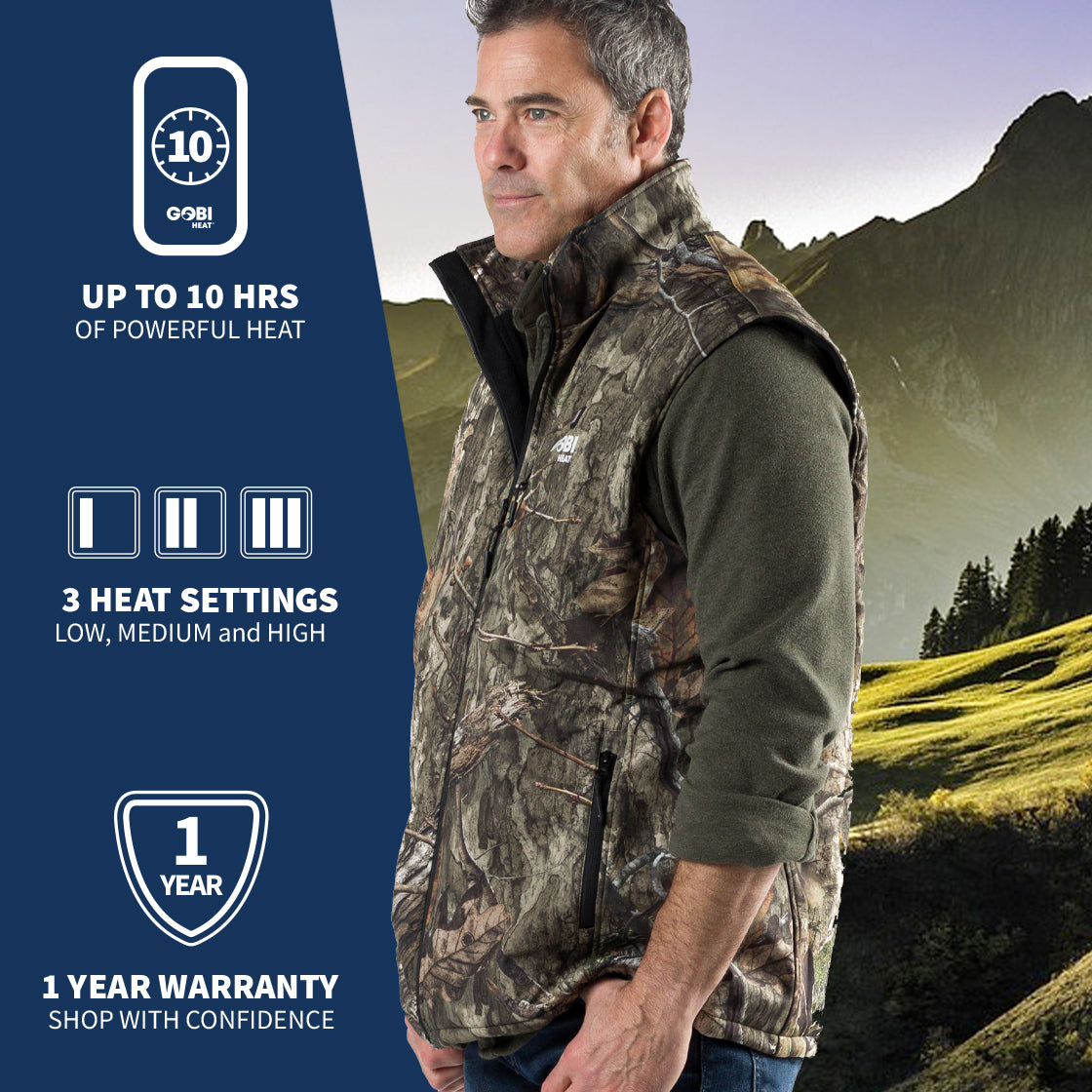 Man wearing the Colorado men's heated hunting vest in front of a landscape with the left side of the image stating information about the product.