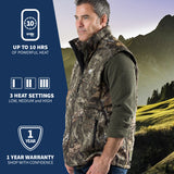 Man wearing the Colorado men's heated hunting vest in front of a landscape with the left side of the image stating information about the product.