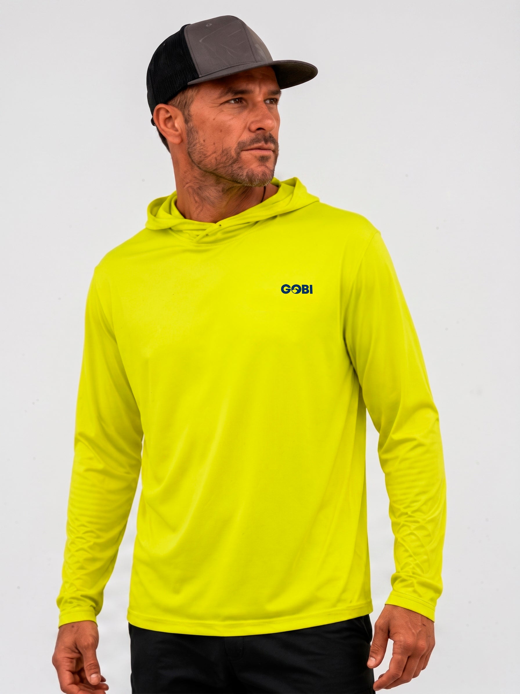 Man wearing the GOBI HELIO high-visibility yellow sun hoodie with the hood down.