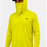Man wearing the GOBI HELIO sun hoodie with the hood and built-in face shield raised.