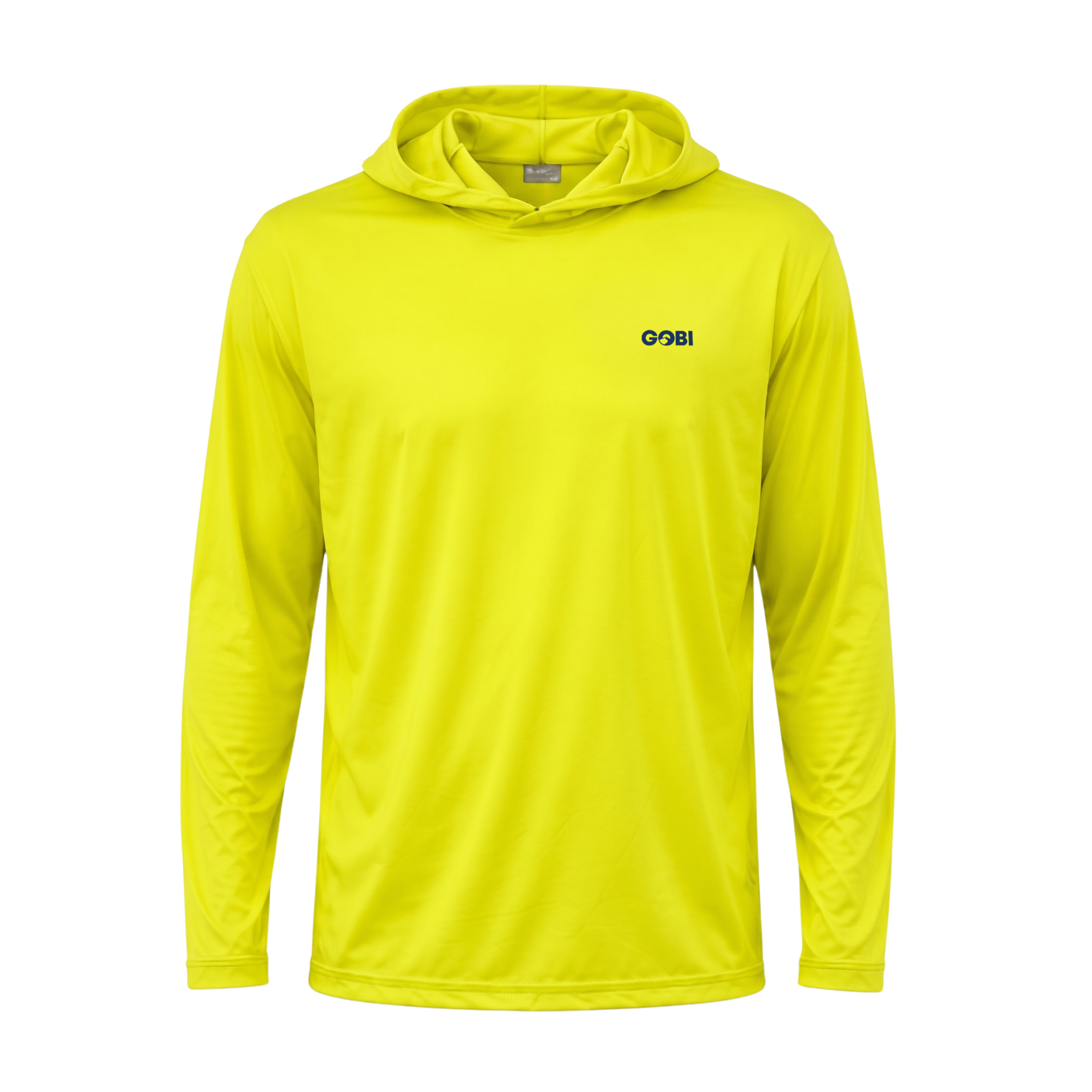 Full front view of the GOBI HELIO men’s high-visibility yellow sun hoodie.