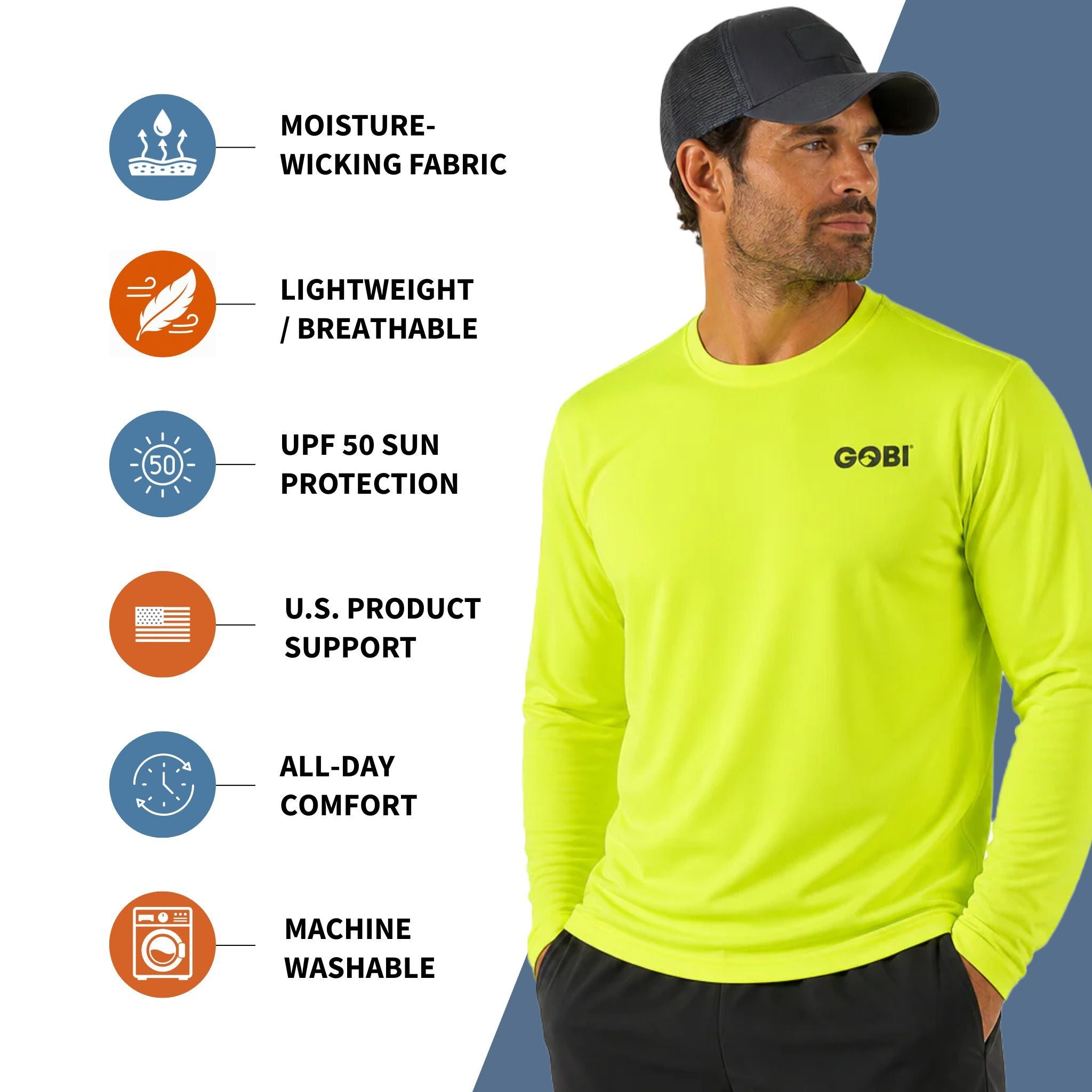 Ray Men's UPF Sun Long-Sleeved T-Shirt infographic highlighting key features including moisture-wicking fabric, lightweight and breathable design, UPF 50 sun protection, U.S. product support, all-day comfort, and machine washable