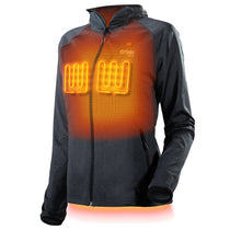 Grey women's Apex Heated Hoodie front view with heat zones on chest
