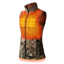 Colorado Women's Heated Hunting Vest in the mossy oak camo colorway, with the heat zones highlighted on the chest.
