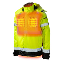 Flash Heated Hi Vis Jacket, with the heat zones highlighted on the chest.